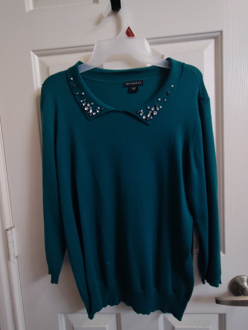 Metaphor Teal Embellished Collar Crewneck Sweater - Women